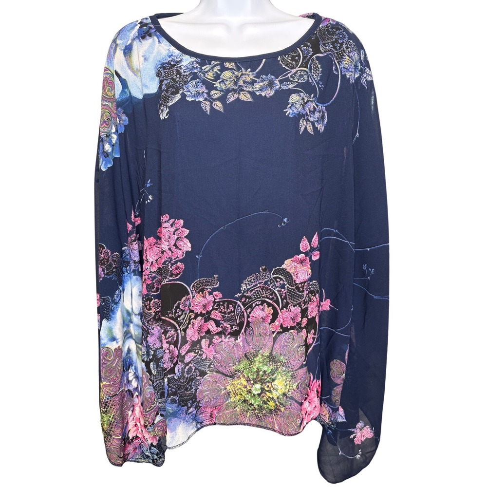 CAbi Womens Navy Blue Floral Paisley Sheer Poncho Blouse Est Sz‎ L Batwing Silky